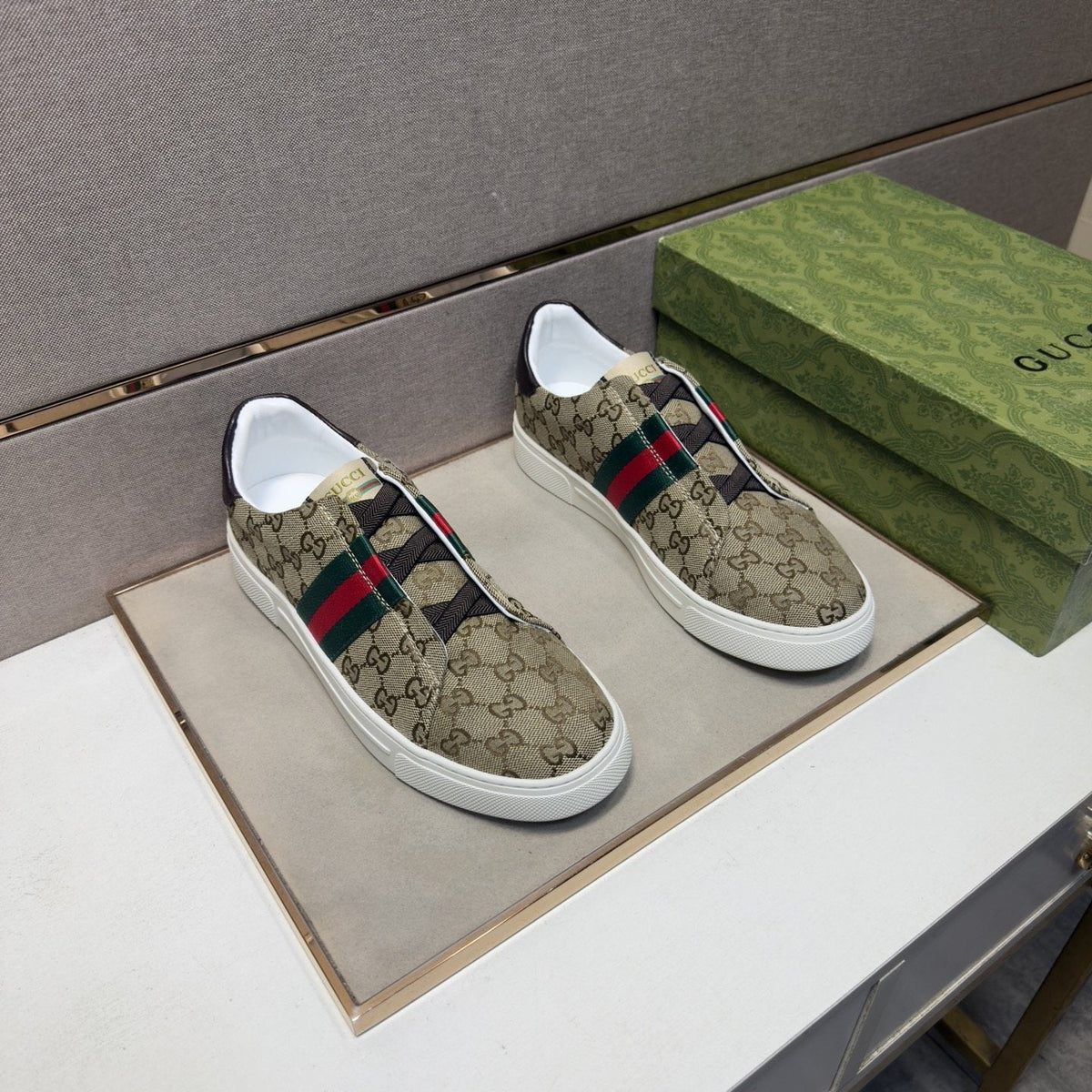 Gucci Men’s Monogram Web Slip-On Shoes — hero
