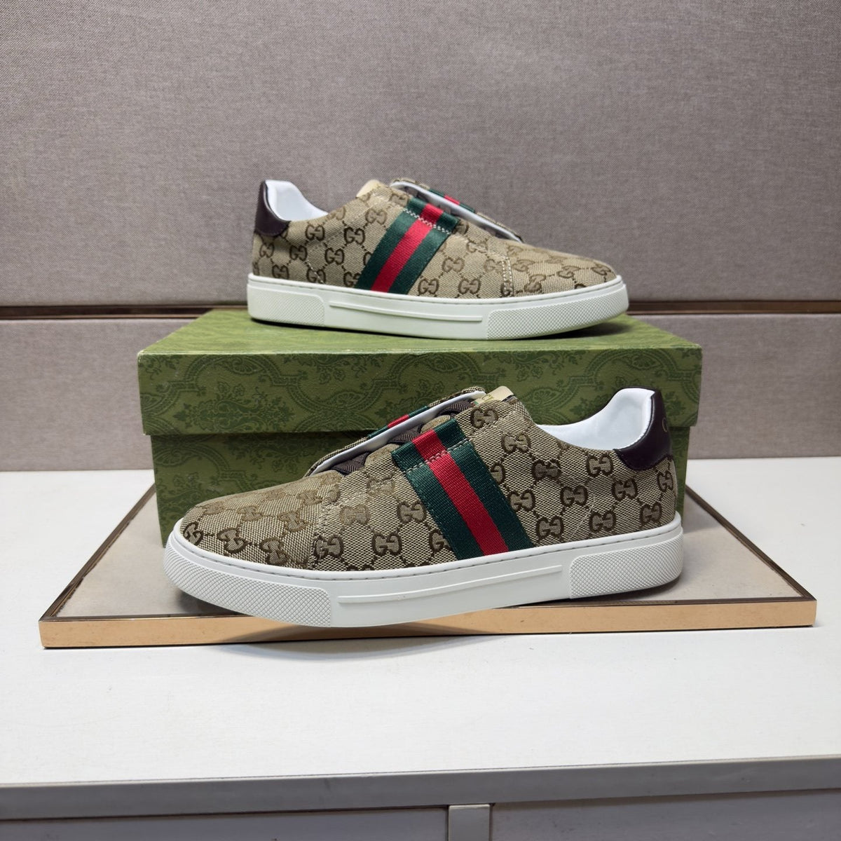 Gucci Men’s Monogram Web Slip-On Shoes — side