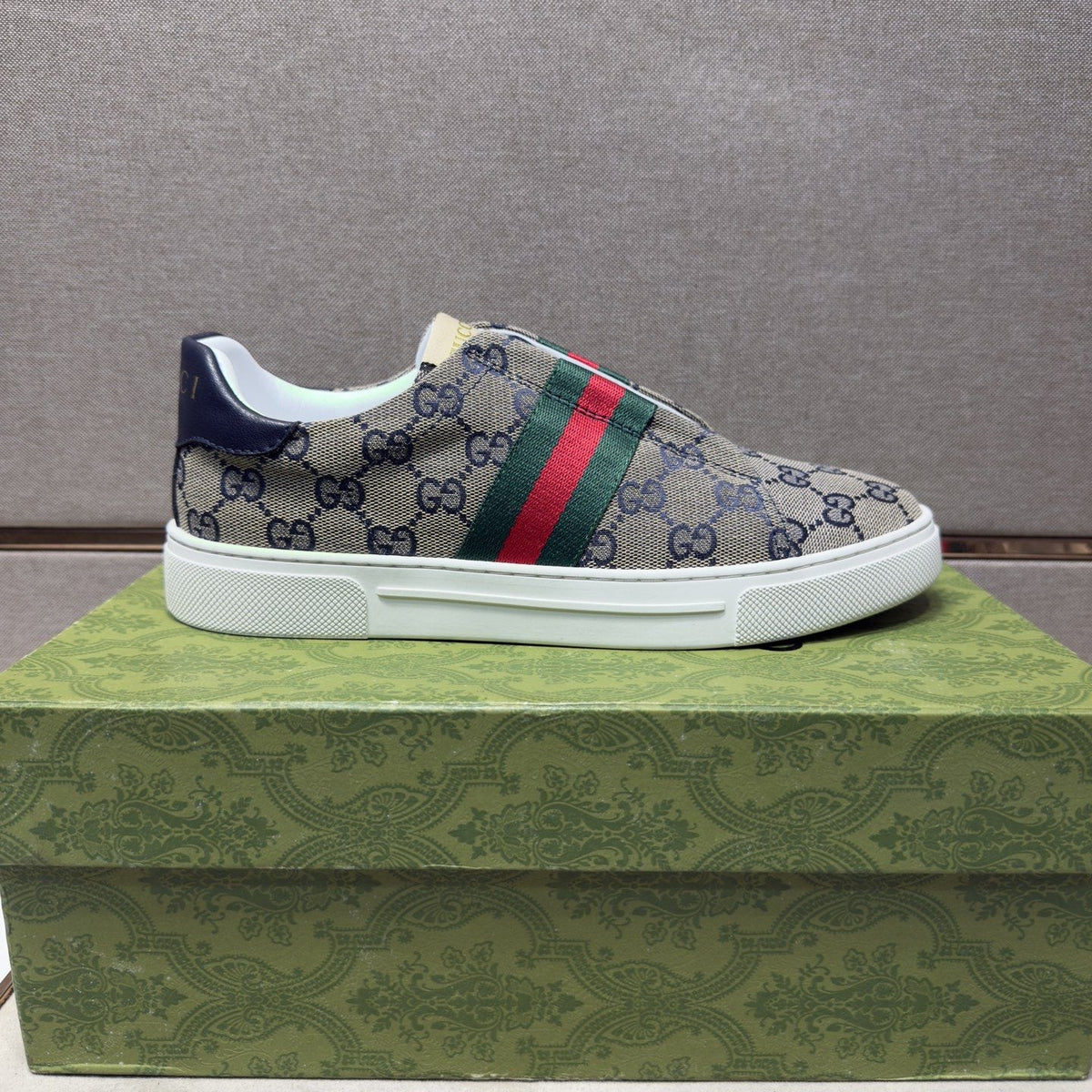 Gucci Men’s Monogram Web Slip-On Shoes — side