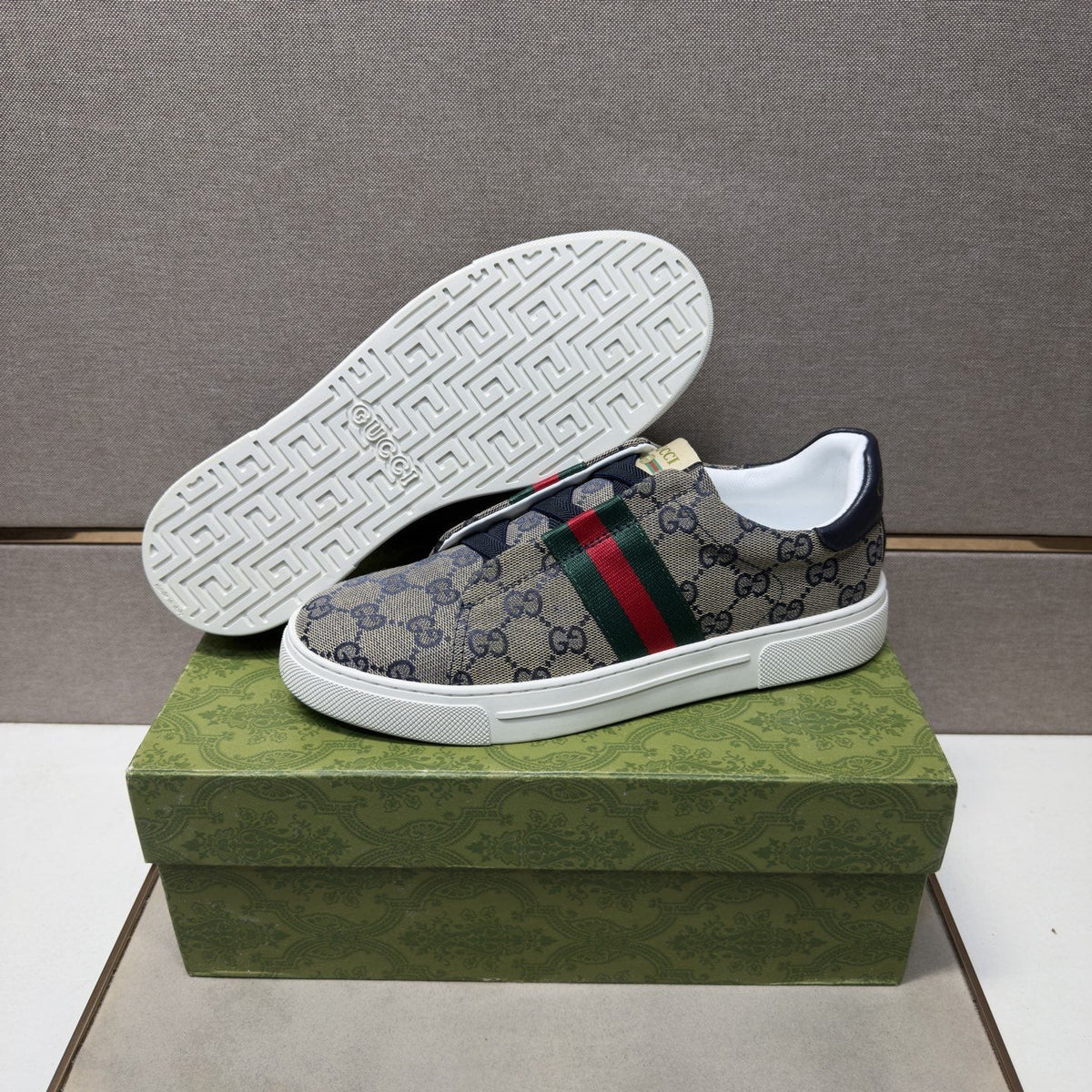 Gucci Men’s Monogram Web Slip-On Shoes — back