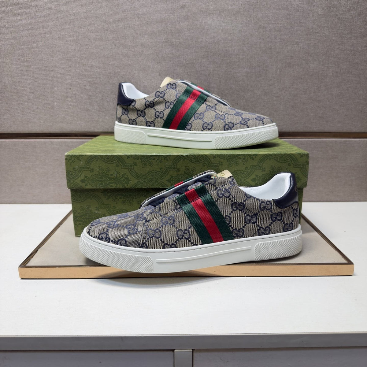 Gucci Men’s Monogram Web Slip-On Shoes — model
