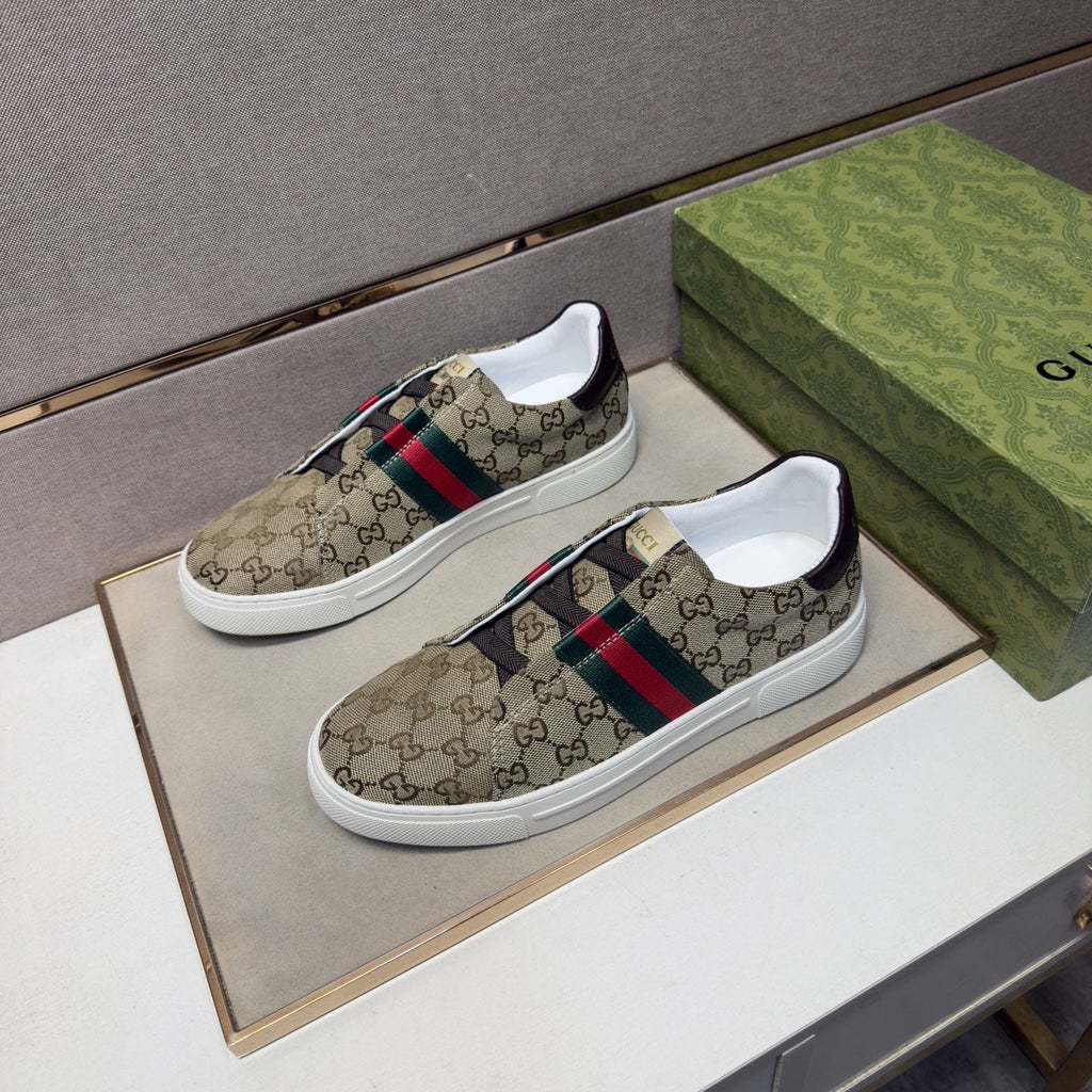 Gucci Men’s Monogram Web Slip-On Shoes — front
