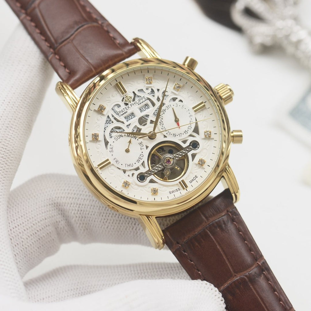 PATEK PHILIPPE Brown Gold Leather Strap Watch — front