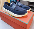 Loro Piana Navy Blue Contrast-Strap Loafers — hero