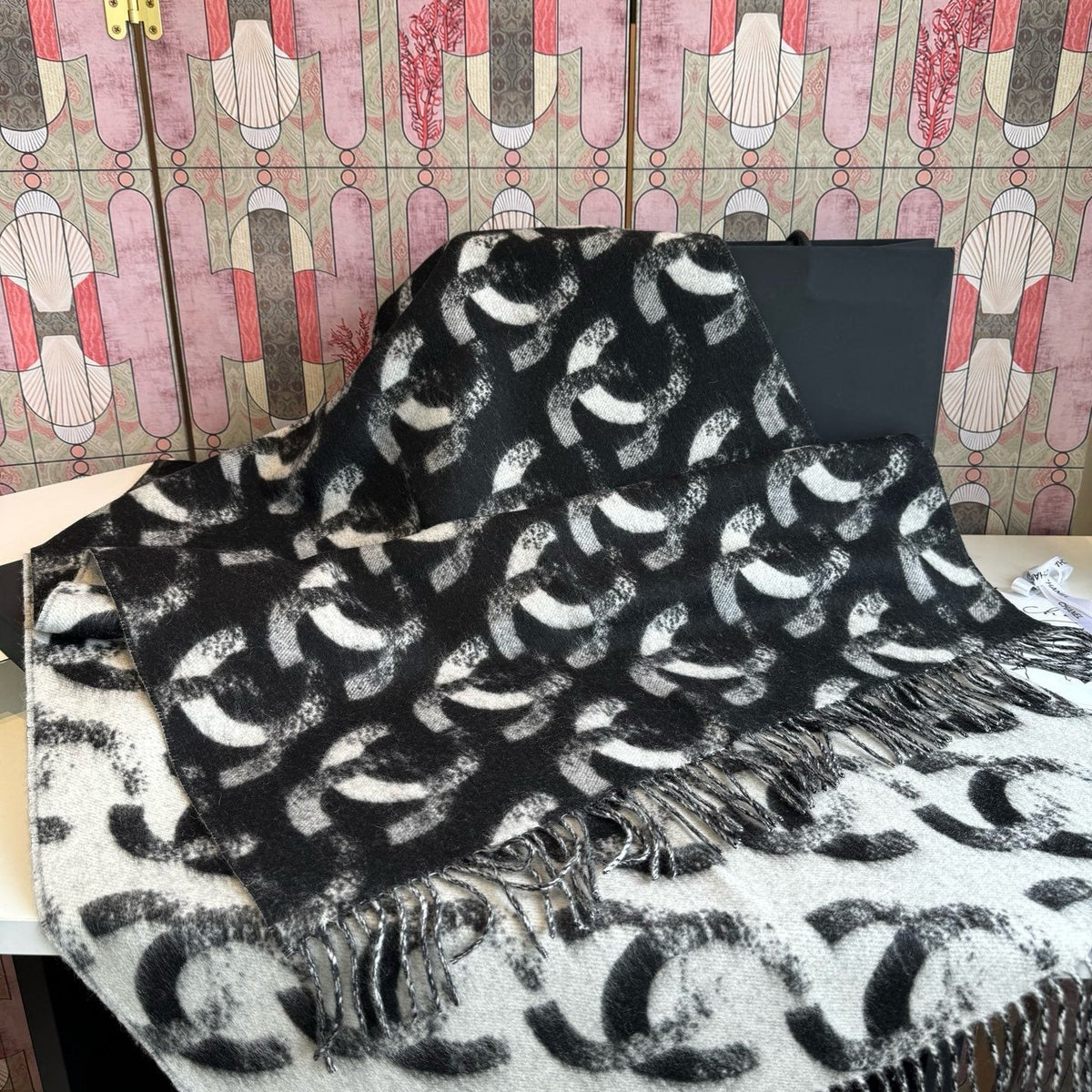 Chanel Black & White Fringed Scarf — detail