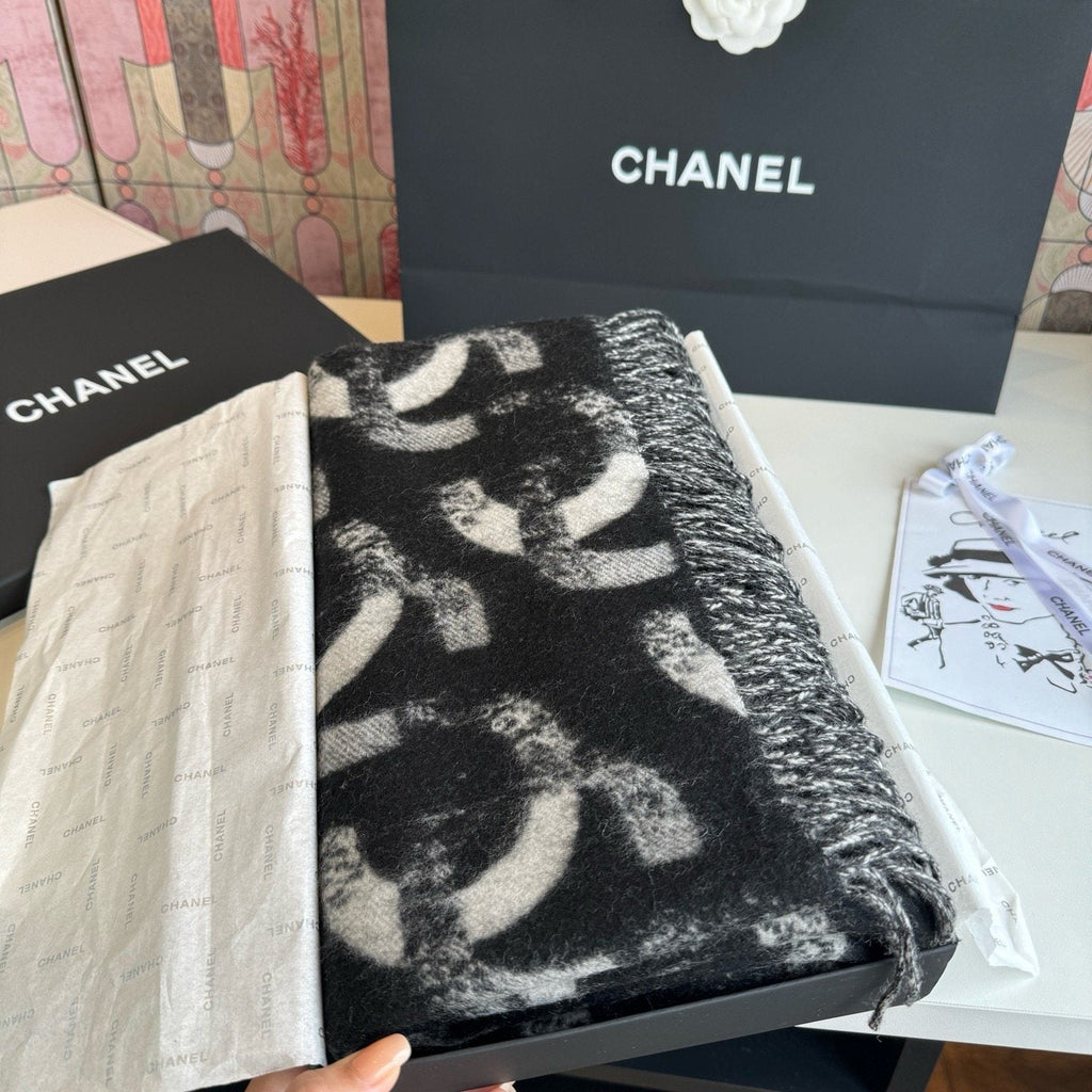 Chanel Black & White Fringed Scarf — side