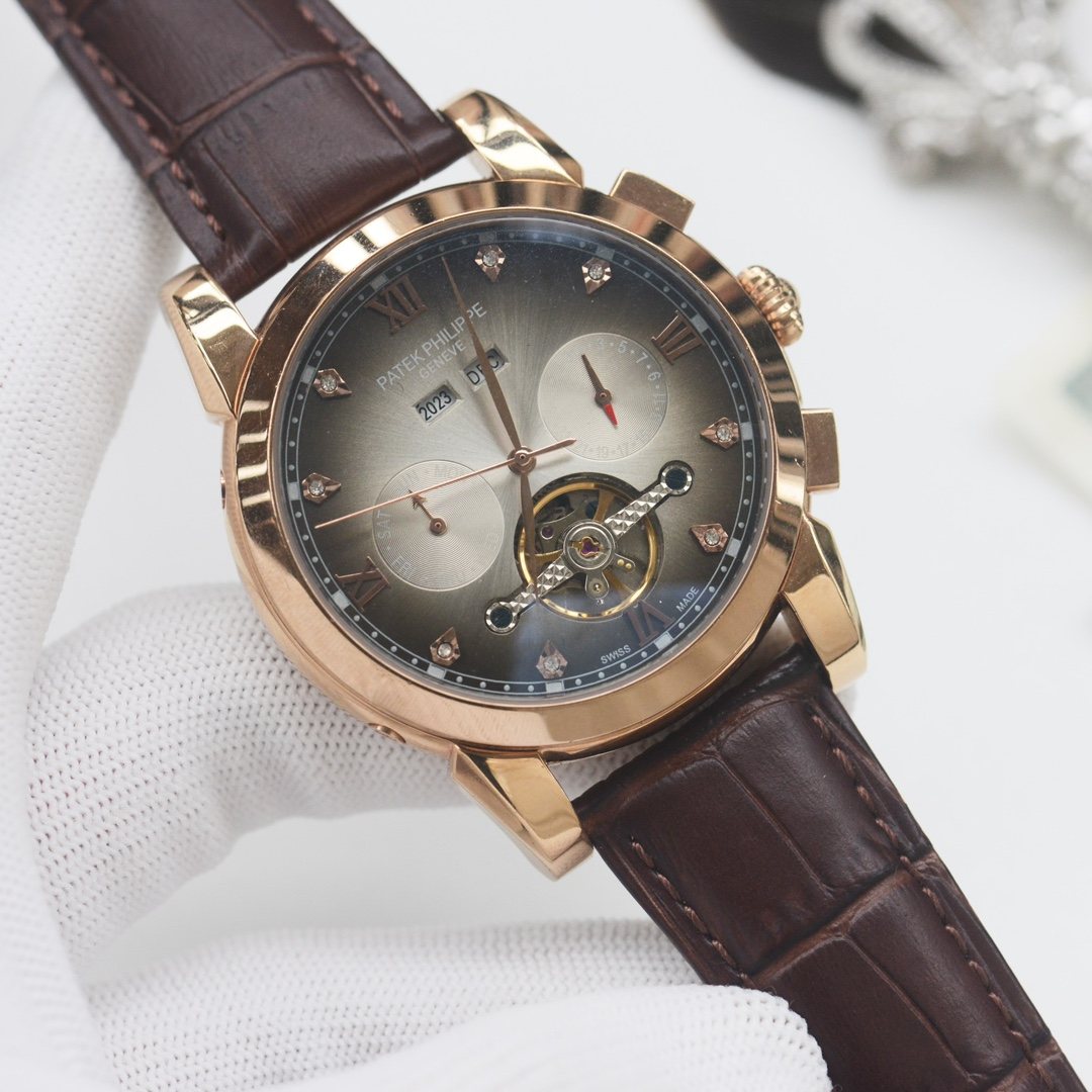 PATEK PHILIPPE Gold Brown Leather Strap Watch — front