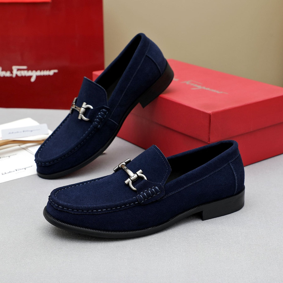 Ferragamo Suede Bit Loafers — front
