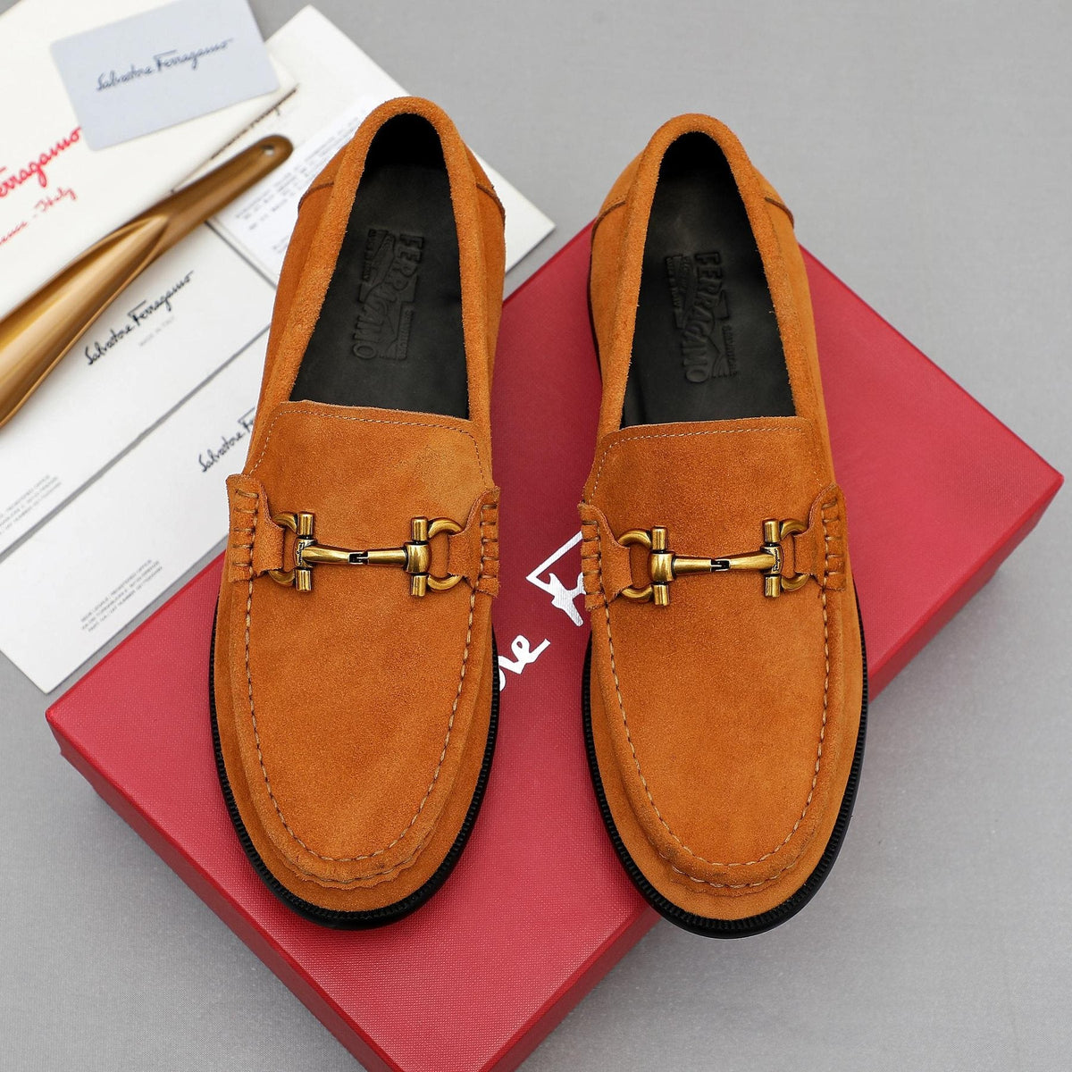 Ferragamo Suede Bit Loafers — front