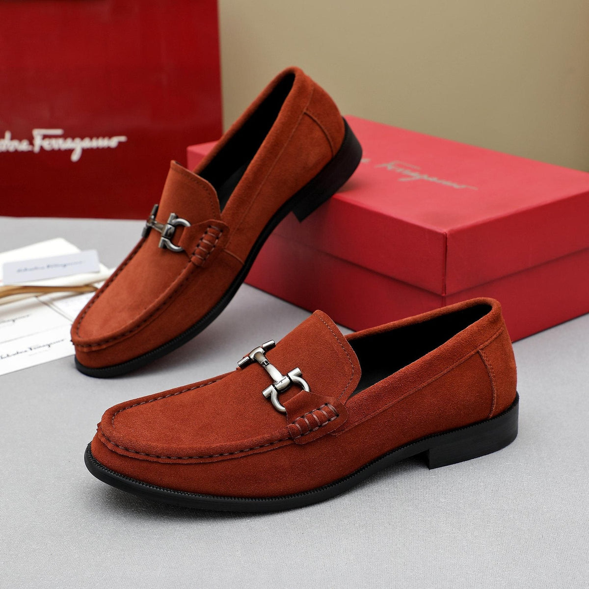Ferragamo Suede Bit Loafers — front