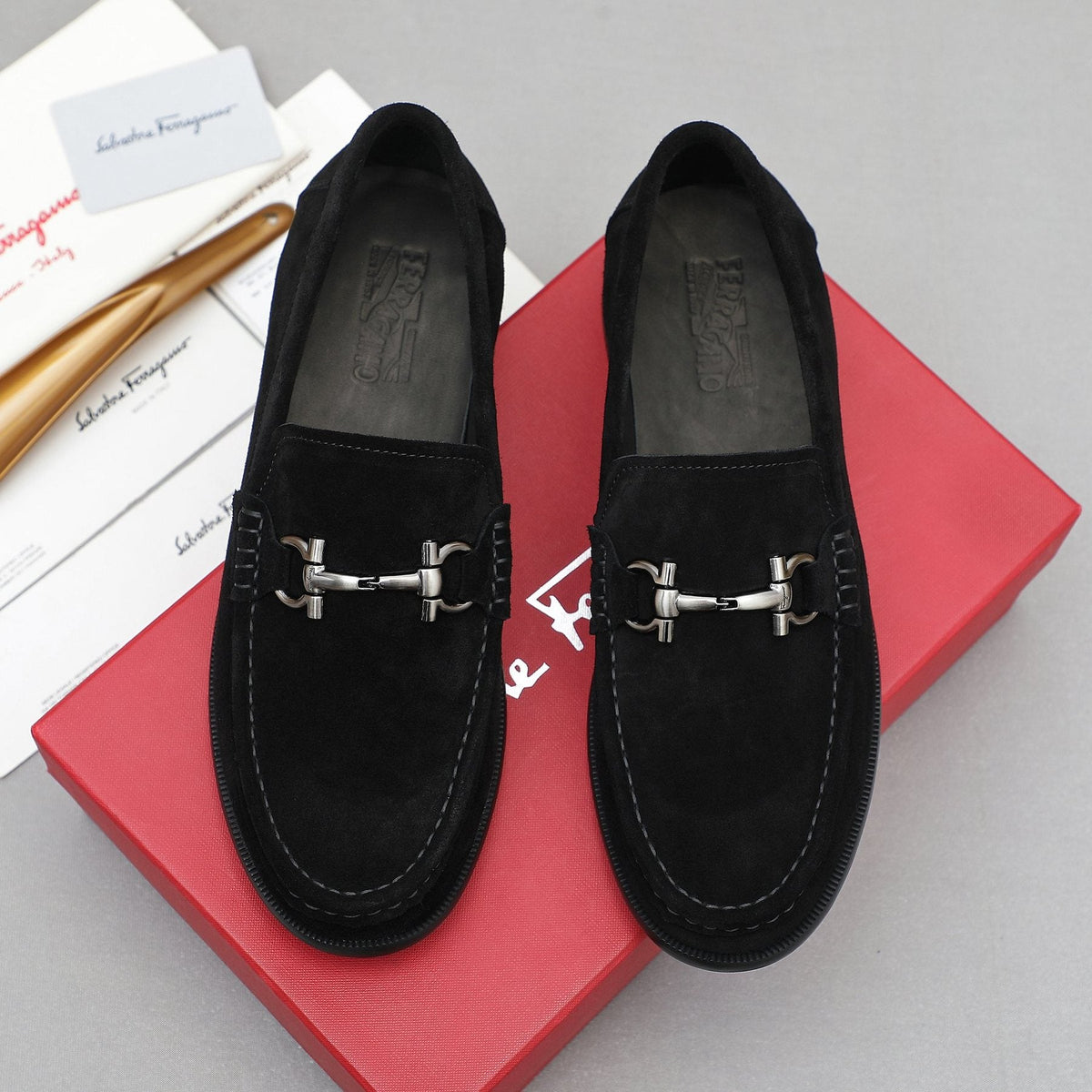 Ferragamo Suede Bit Loafers — front