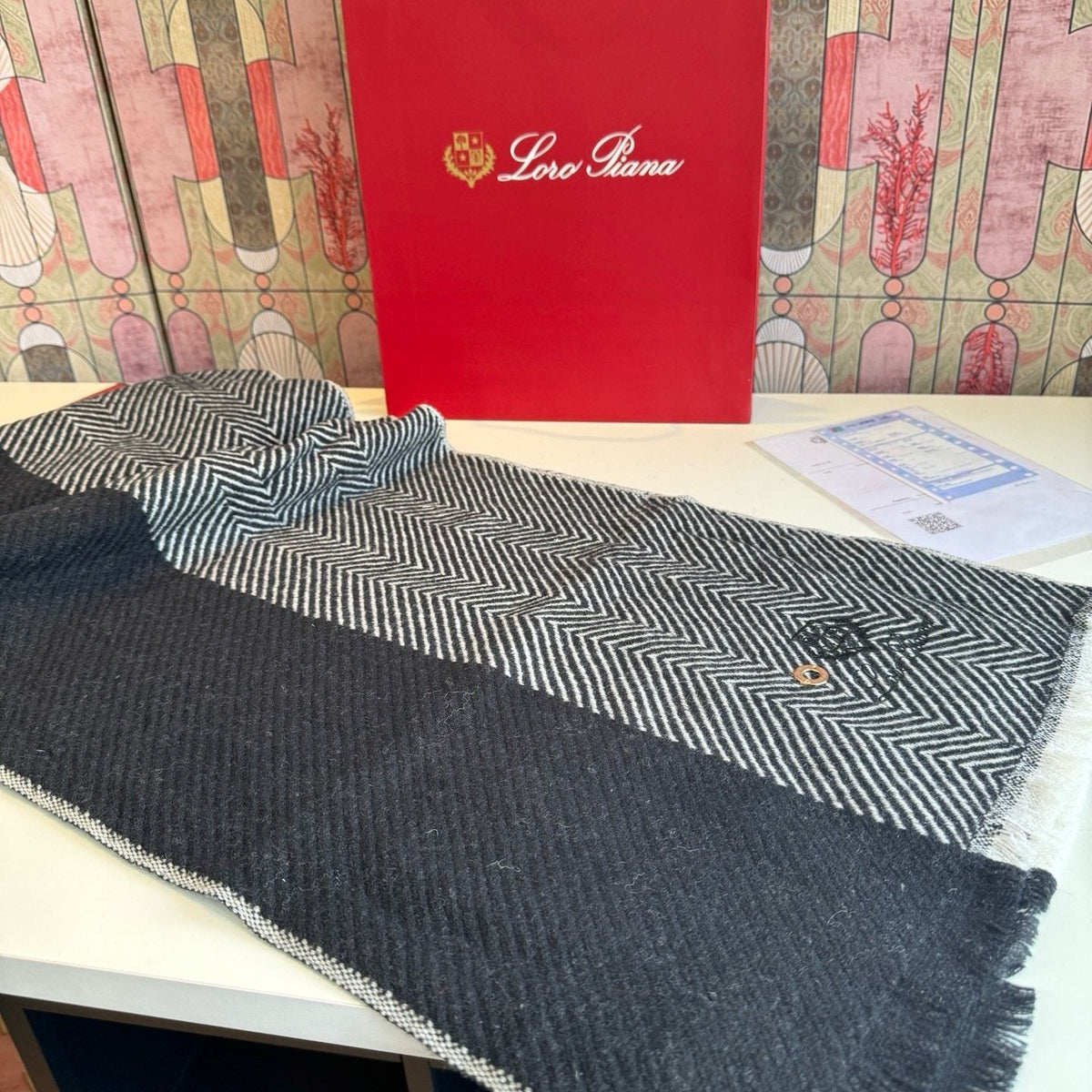 Loro Piana Herringbone Fringe Scarf — side
