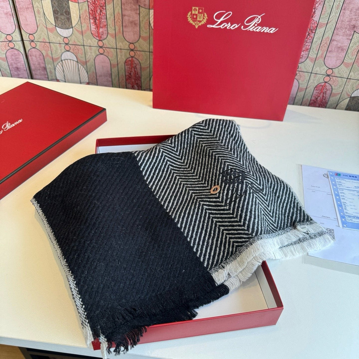 Loro Piana Herringbone Fringe Scarf — front