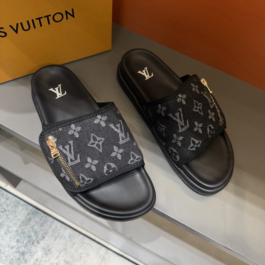 Louis Vuitton Monogram Zip Slide Sandals — front