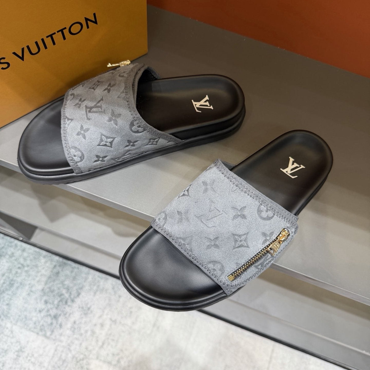 Louis Vuitton Monogram Zip Slide Sandals — front