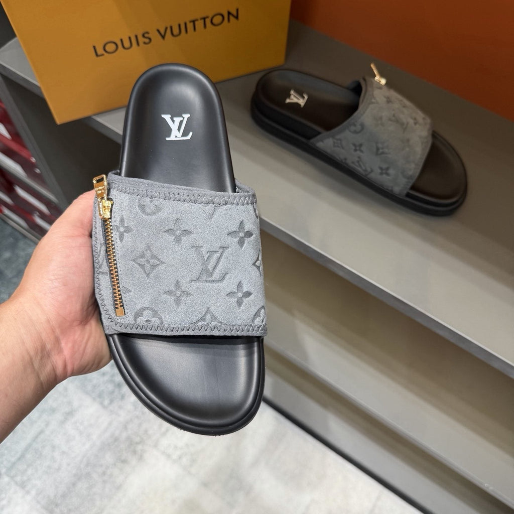 Louis Vuitton Monogram Zip Slide Sandals — model