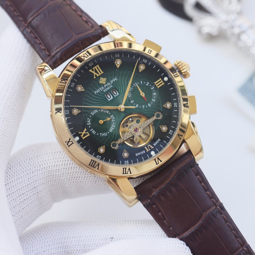 PATEK PHILIPPE Brown Gold Green Dial Strap Watch — hero