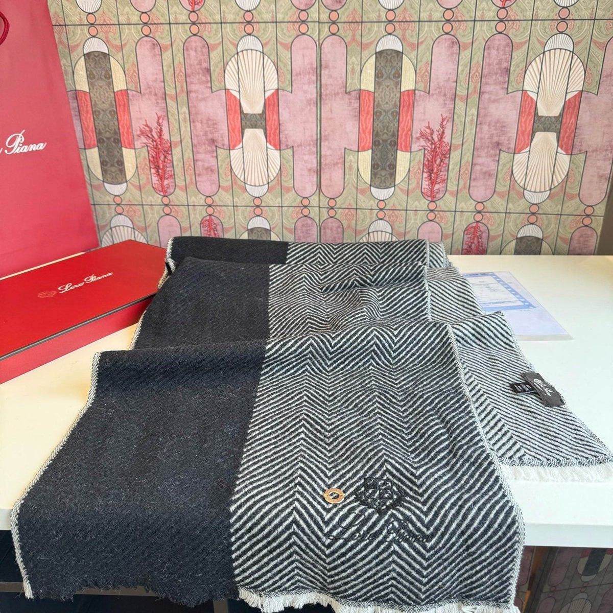 Loro Piana Black & White Herringbone Scarf — side