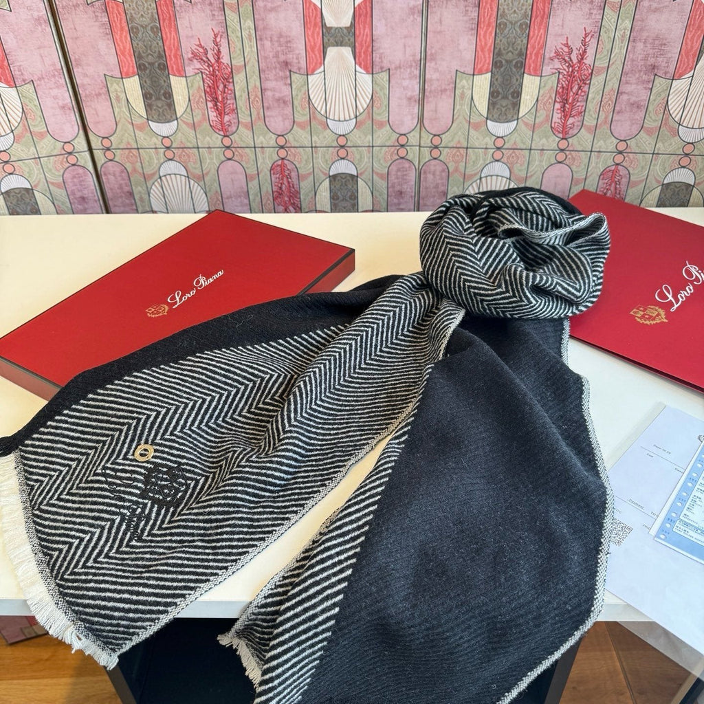 Loro Piana Black & White Herringbone Scarf — hero