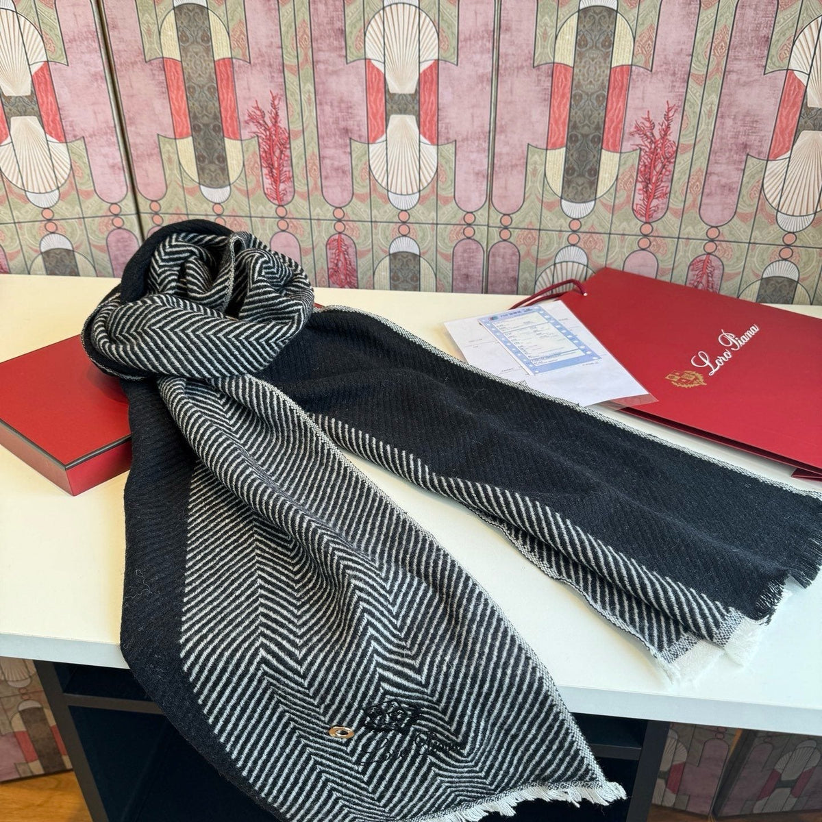 Loro Piana Black & White Herringbone Scarf — side