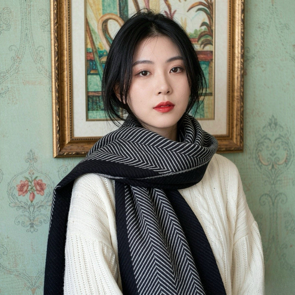 Loro Piana Black & White Herringbone Scarf — model