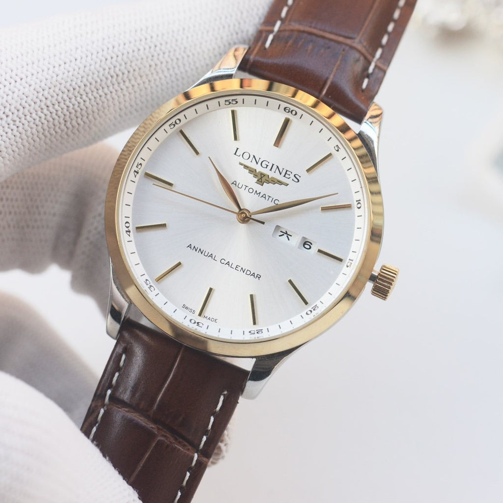 Brown Gold White Dial Leather Strap Watch — front