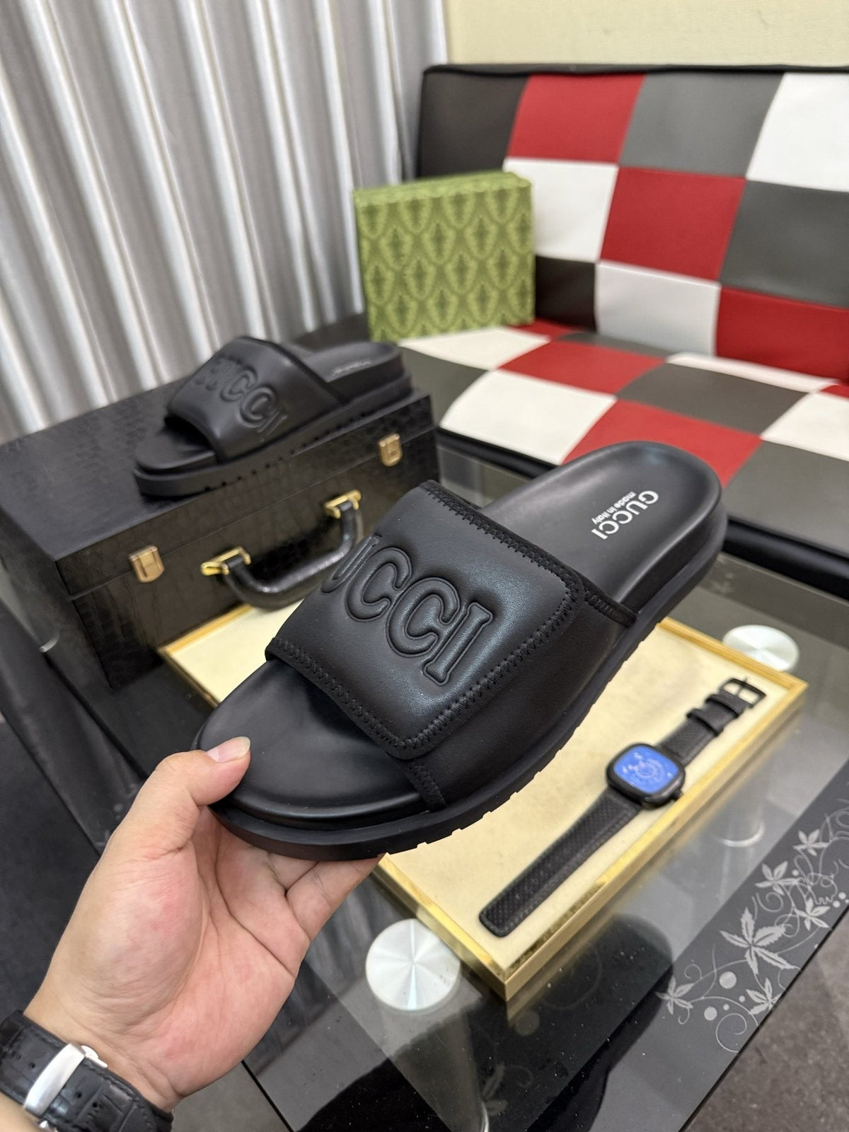 Gucci Embossed Strap Slide Sandals — model