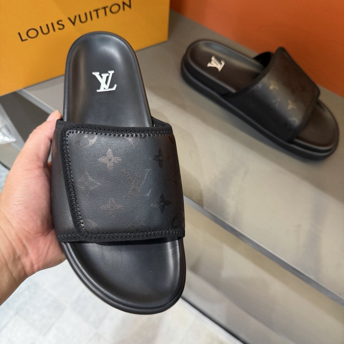 Louis Vuitton Monogram Strap Slide Sandals — model