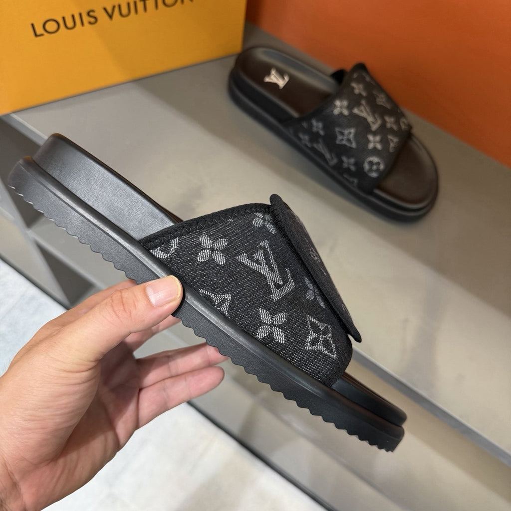 Louis Vuitton Monogram Strap Slide Sandals — model