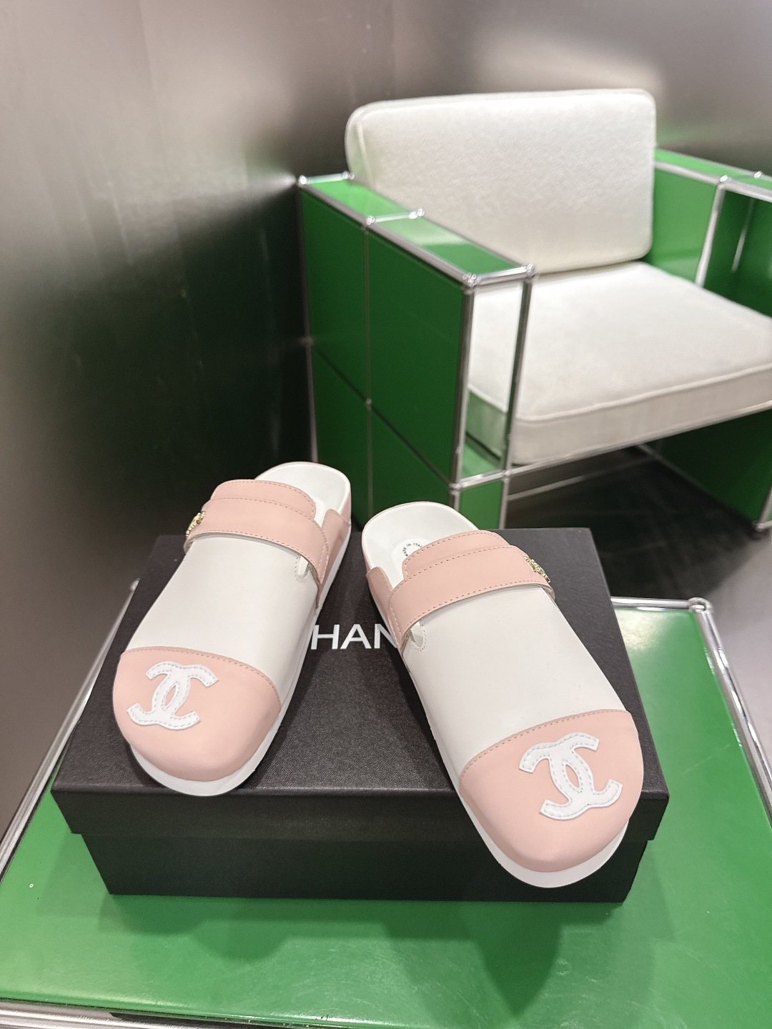 Chanel Quilted Closed-Toe Slide Sandals — front