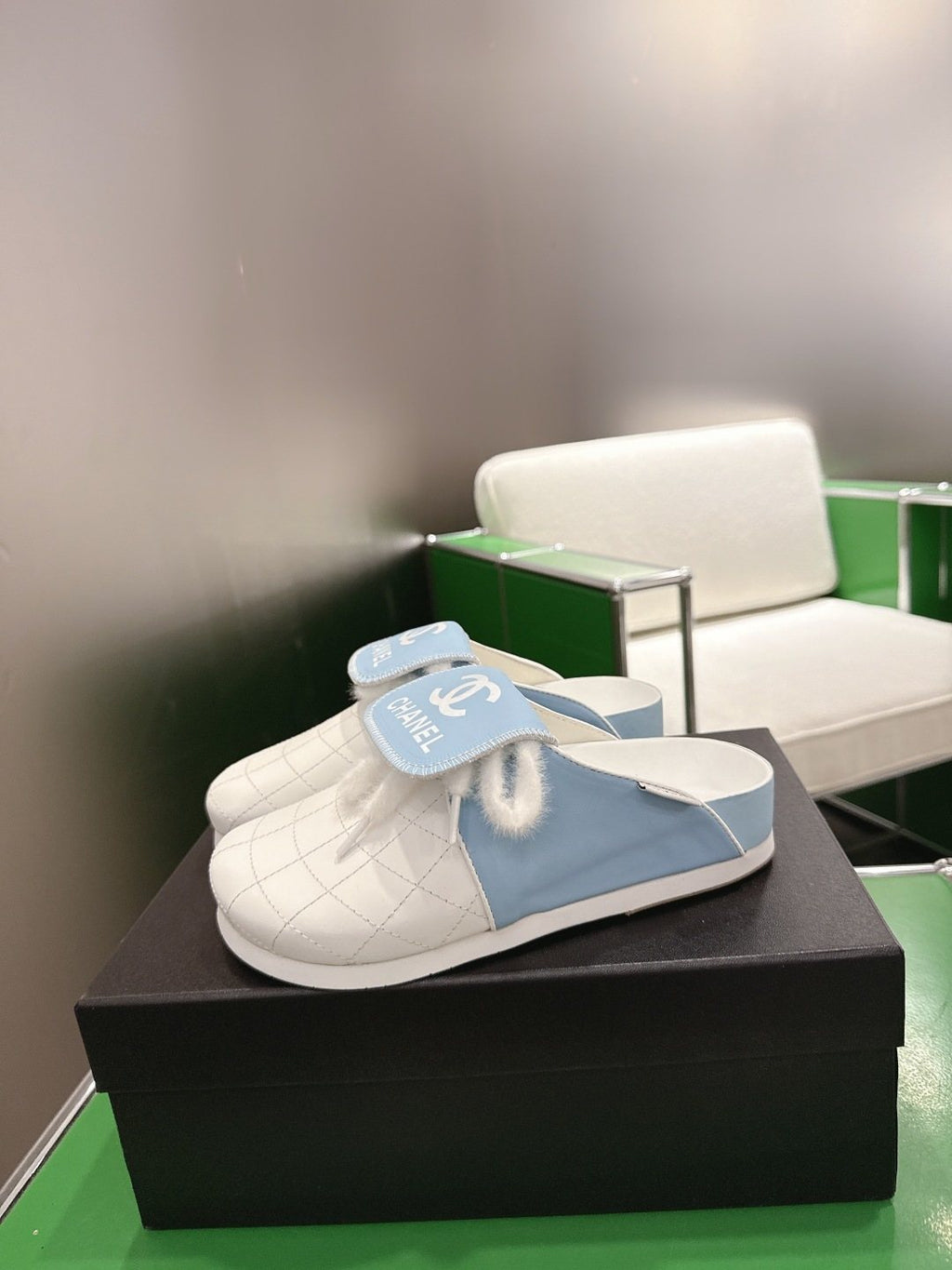 Chanel Quilted Closed-Toe Slide Sandals — model