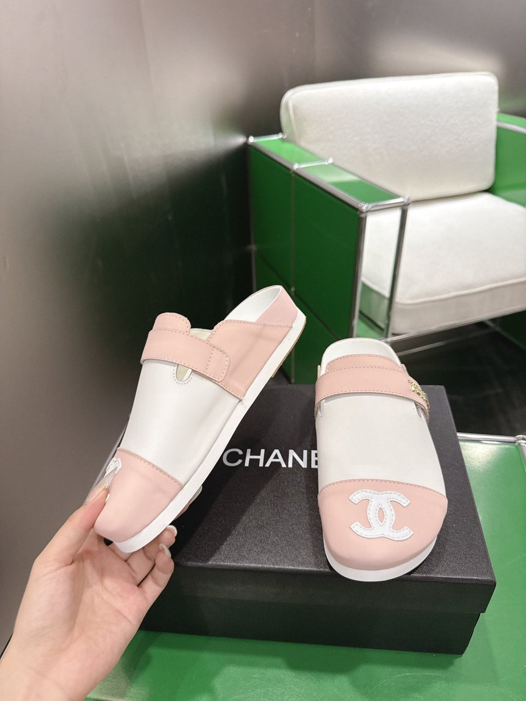 Chanel Quilted Closed-Toe Slide Sandals — model