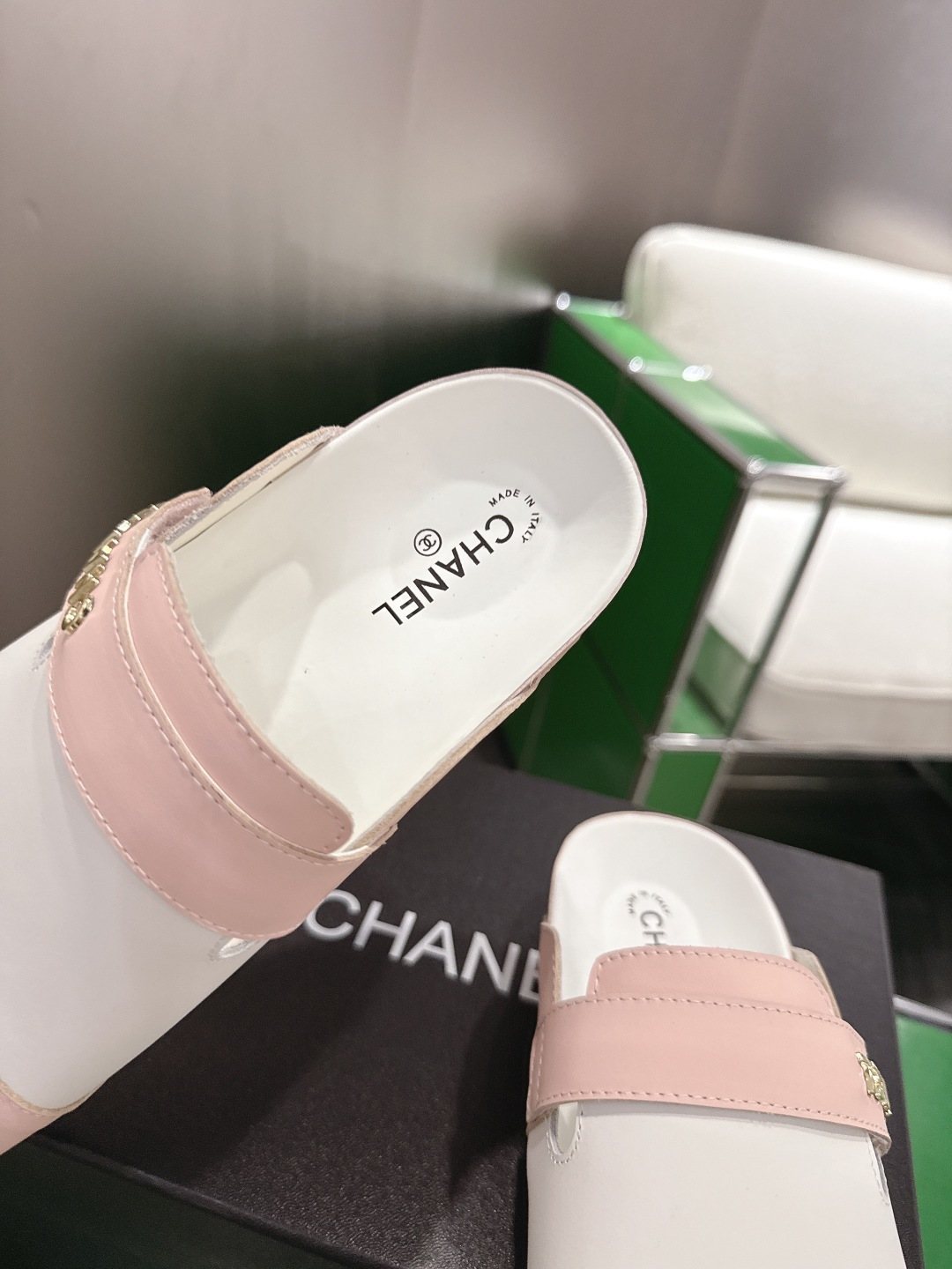 Chanel Quilted Closed-Toe Slide Sandals — label
