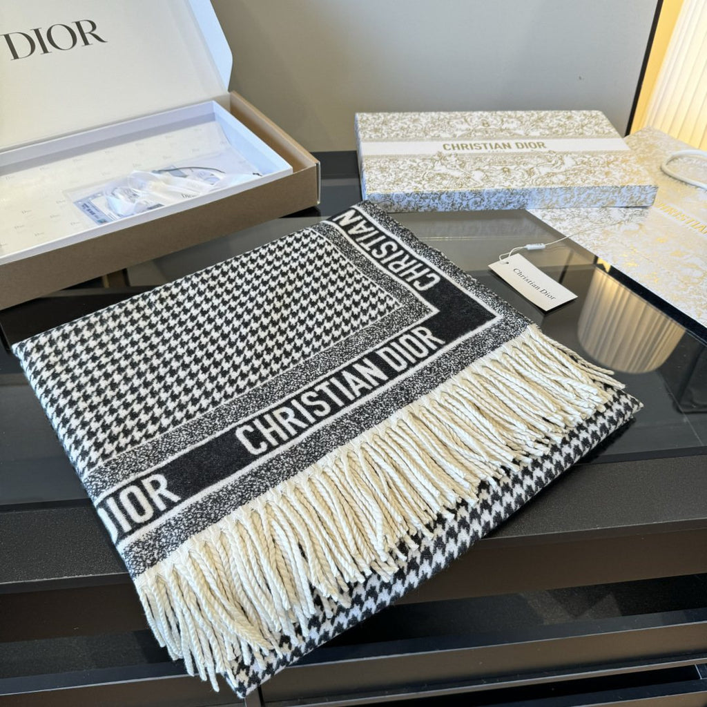 Dior Houndstooth Fringed Square Scarf & Shawl — front