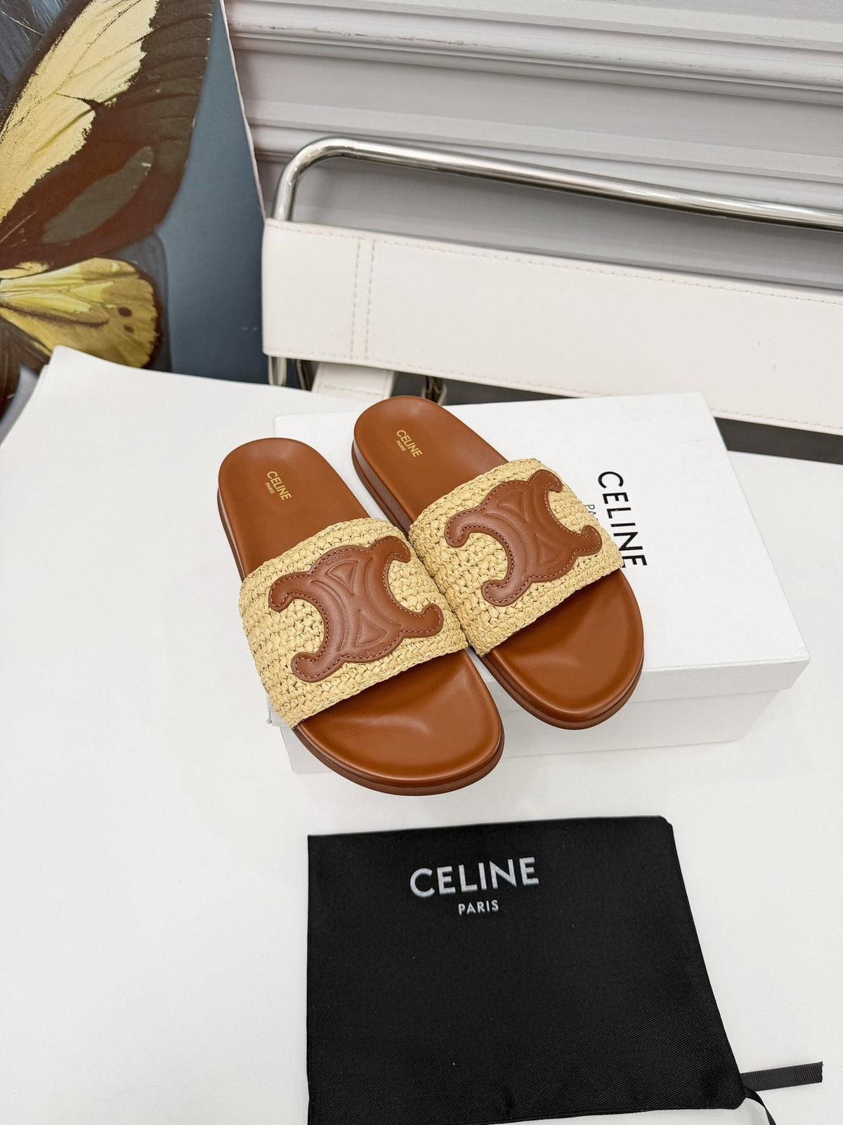 Celine Woven Emblem Slide Sandals — front
