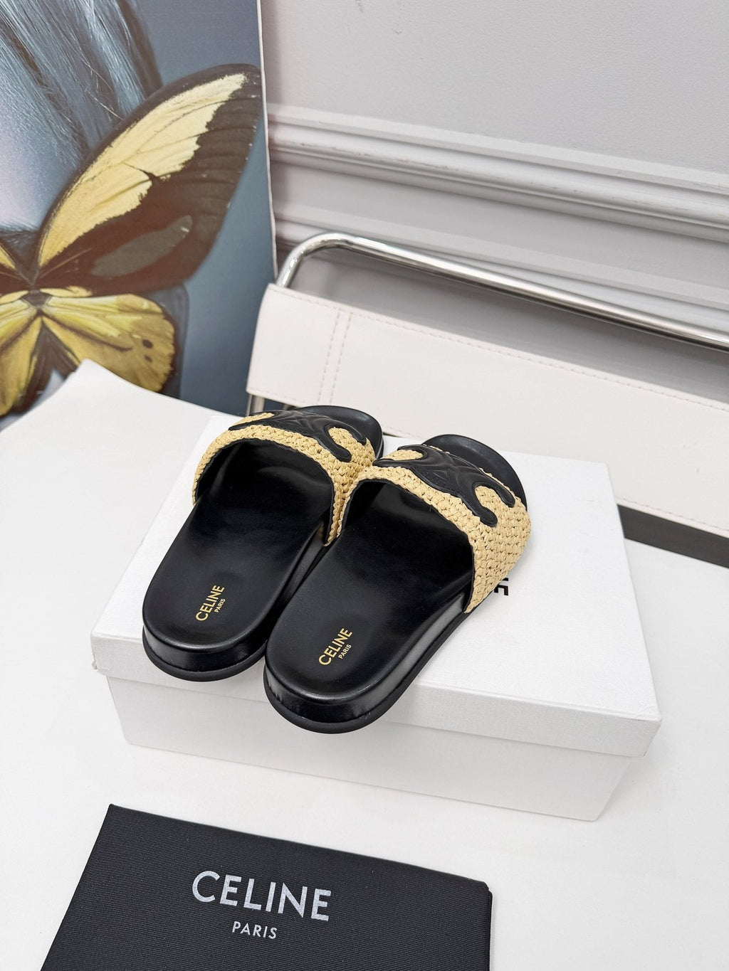 Celine Woven Emblem Slide Sandals — front