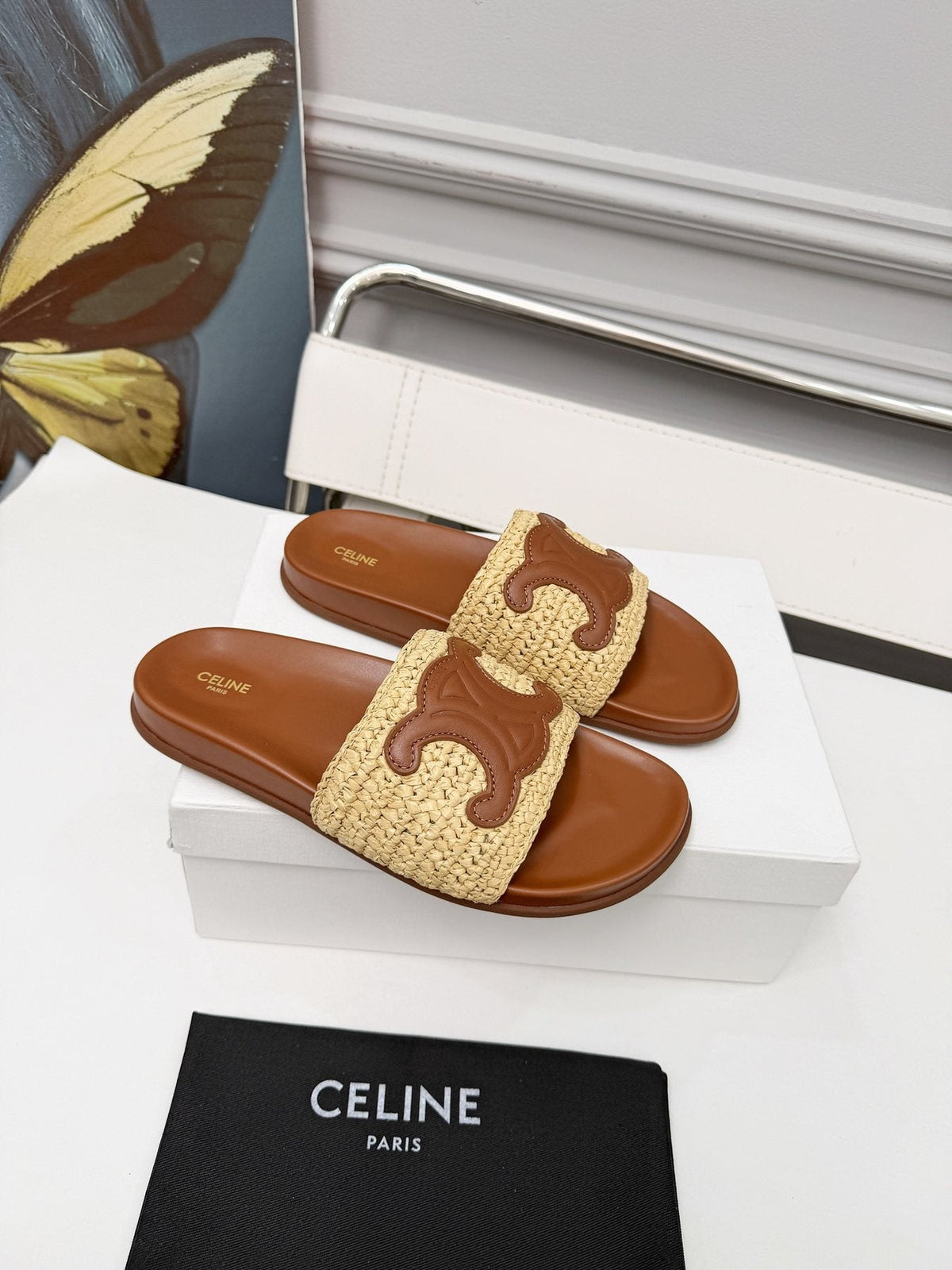 Celine Woven Emblem Slide Sandals — side