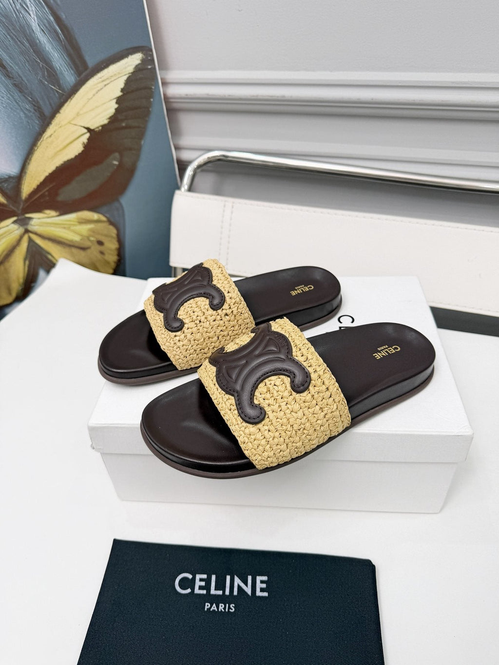 Celine Woven Emblem Slide Sandals — model