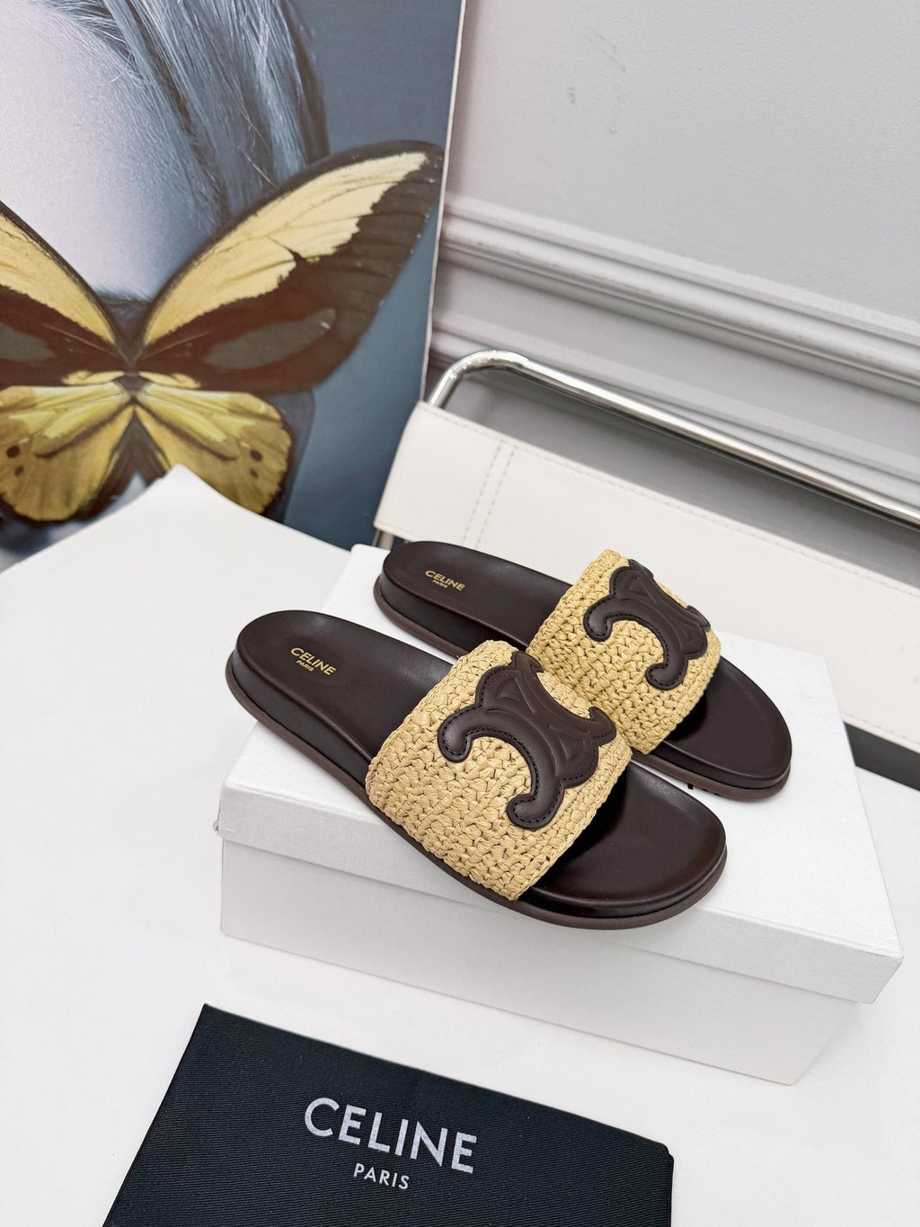 Celine Woven Emblem Slide Sandals — front