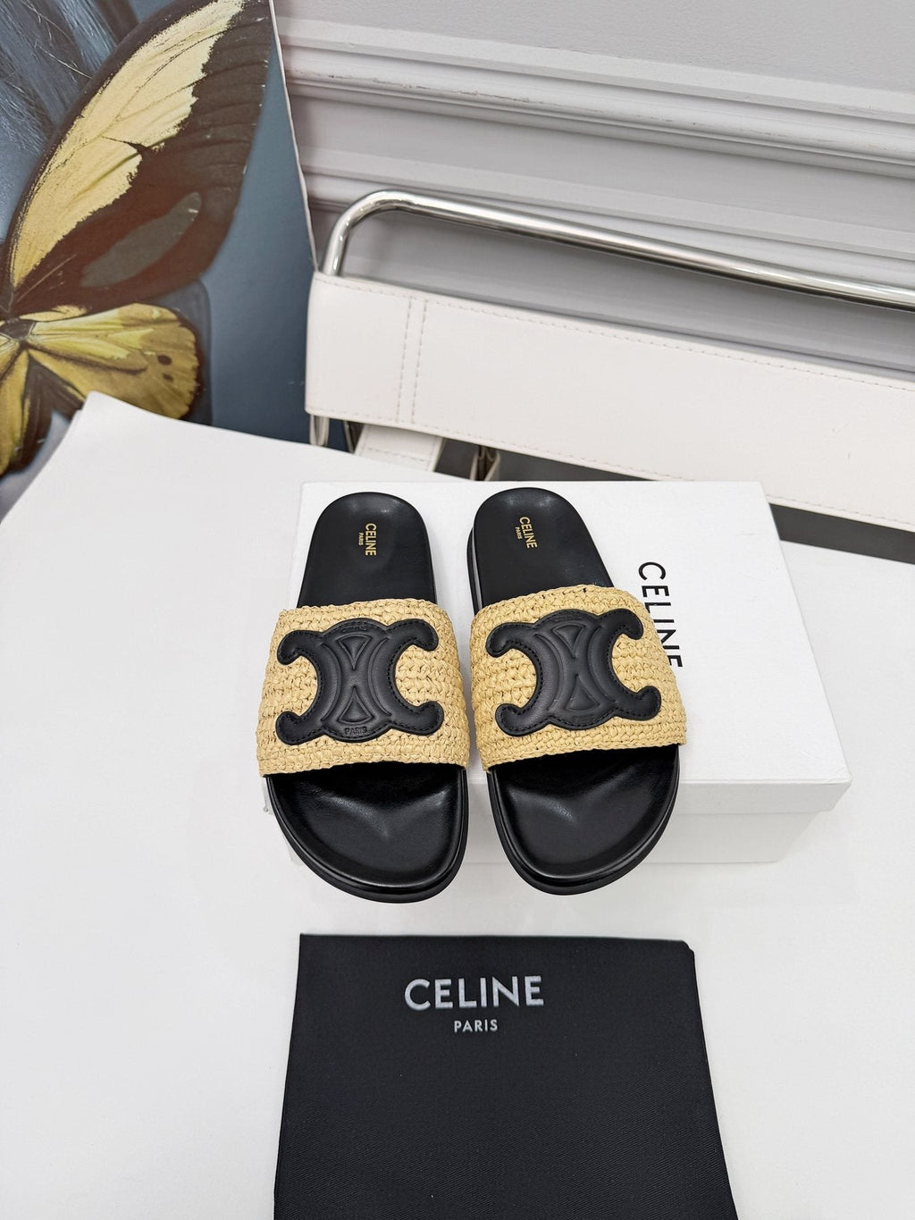 Celine Woven Emblem Slide Sandals — front