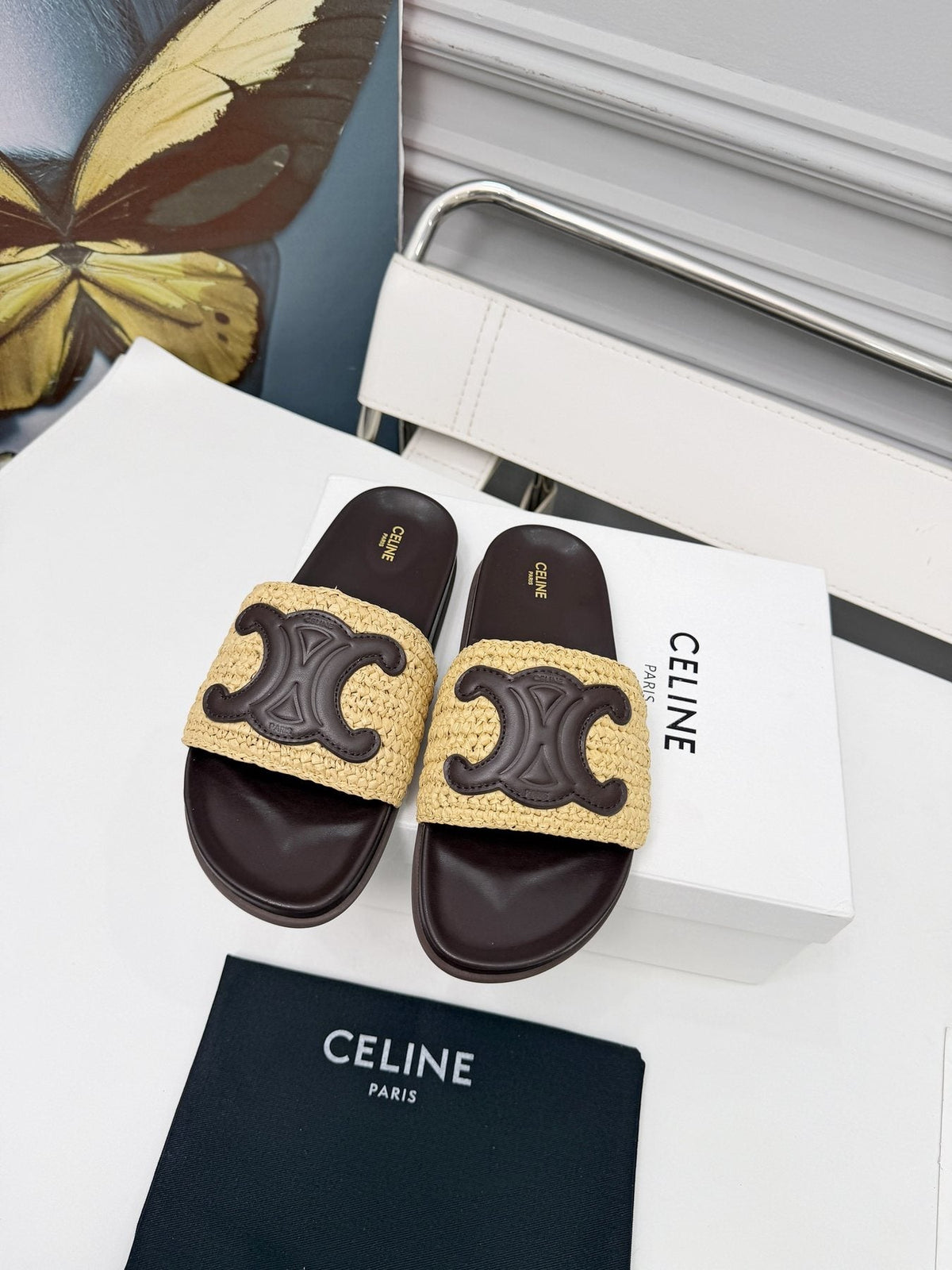 Celine Woven Emblem Slide Sandals — front