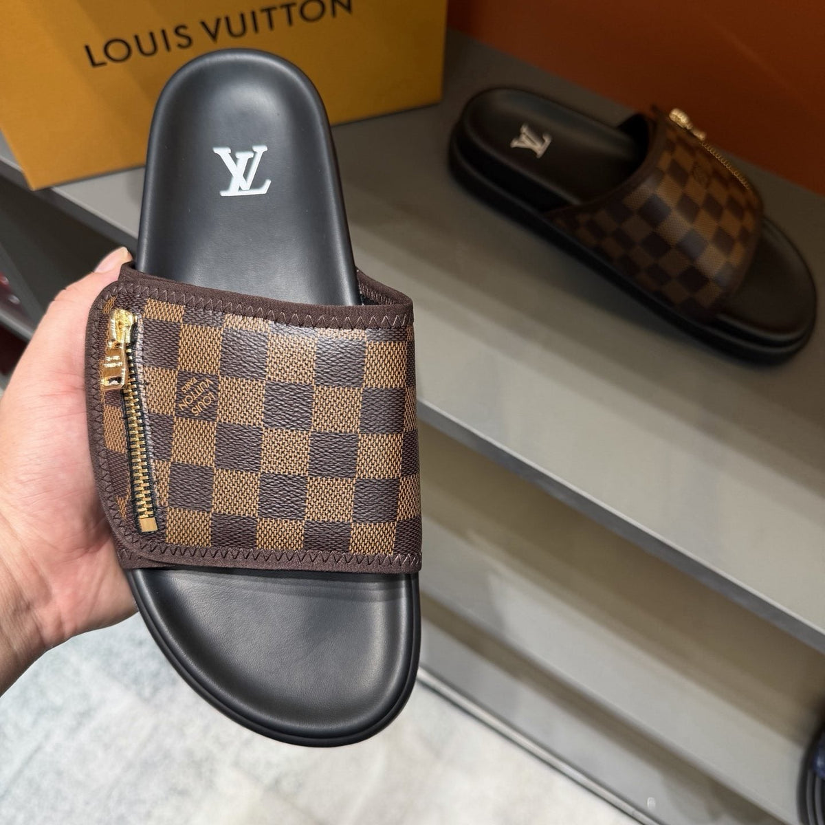 Louis Vuitton Checkered Zipper Slide Sandals — front