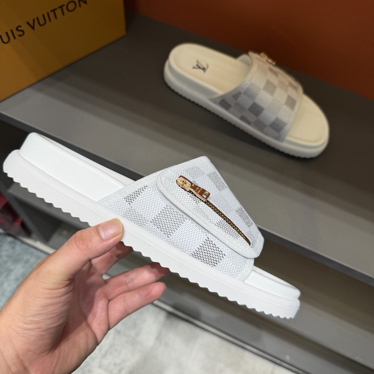 Louis Vuitton Checkered Zipper Slide Sandals — side
