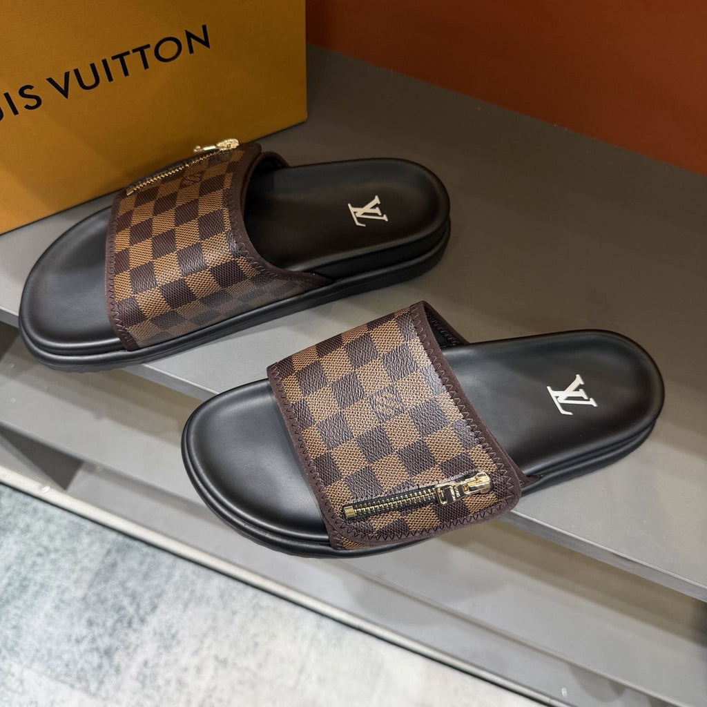 Louis Vuitton Checkered Zipper Slide Sandals — front