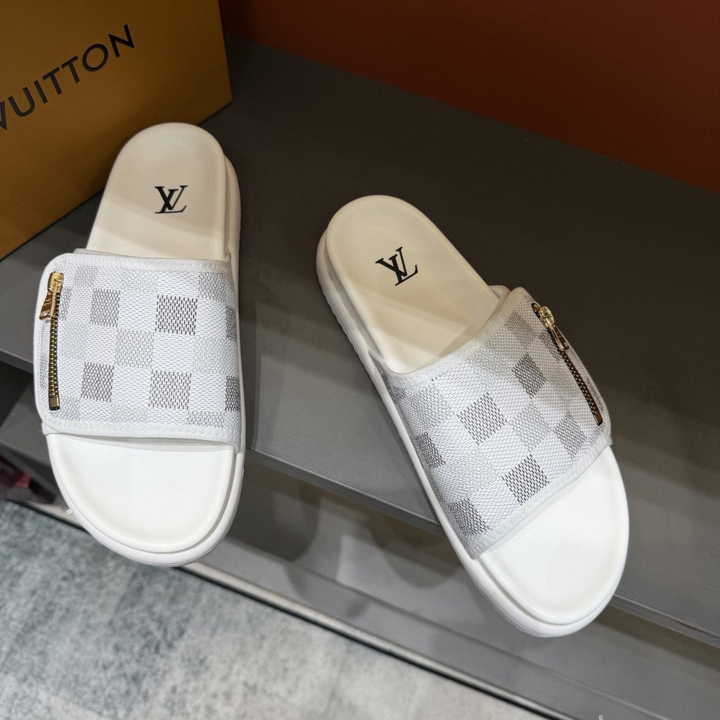 Louis Vuitton Checkered Zipper Slide Sandals — front