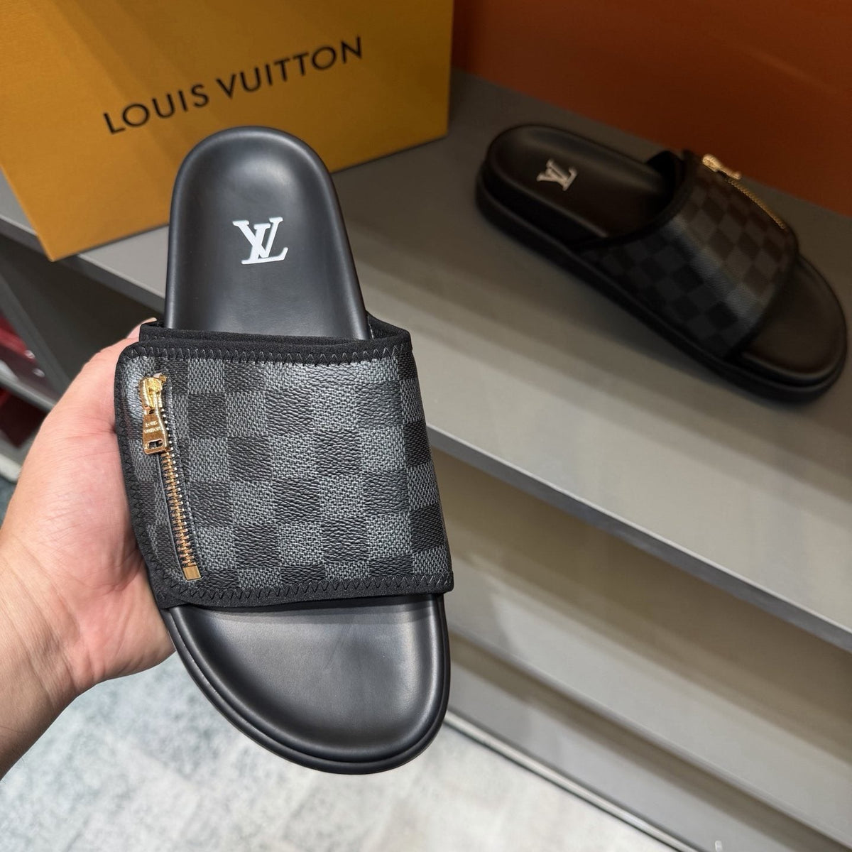 Louis Vuitton Checkered Zipper Slide Sandals — front