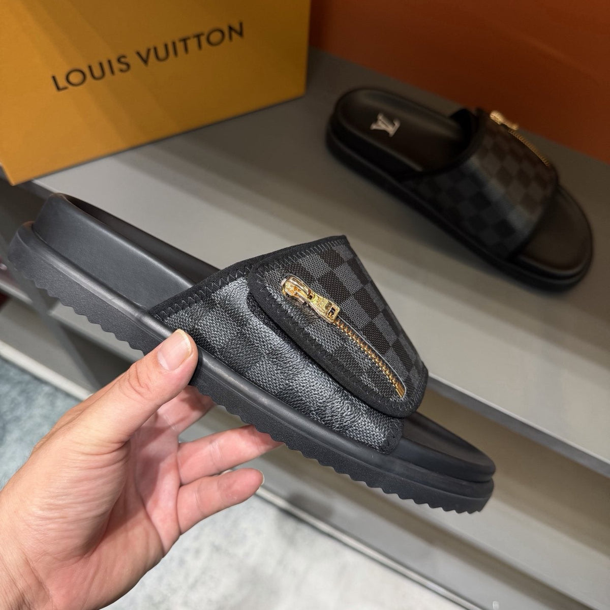 Louis Vuitton Checkered Zipper Slide Sandals — side