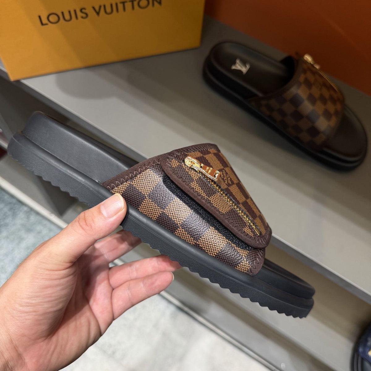 Louis Vuitton Checkered Zipper Slide Sandals — side