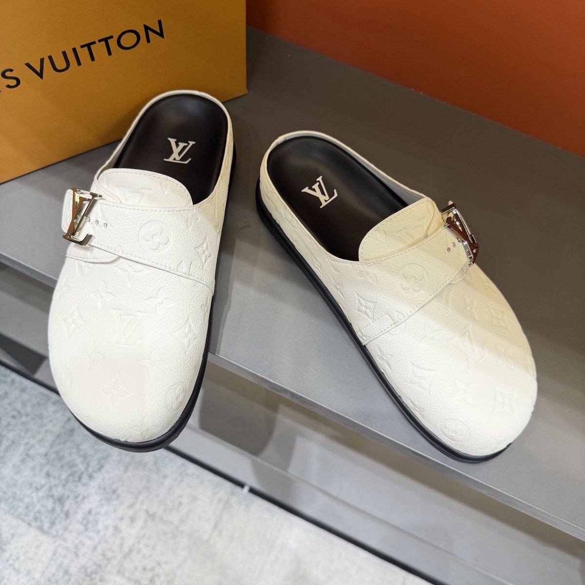 Louis Vuitton Monogram Buckle Slide Sandals — front