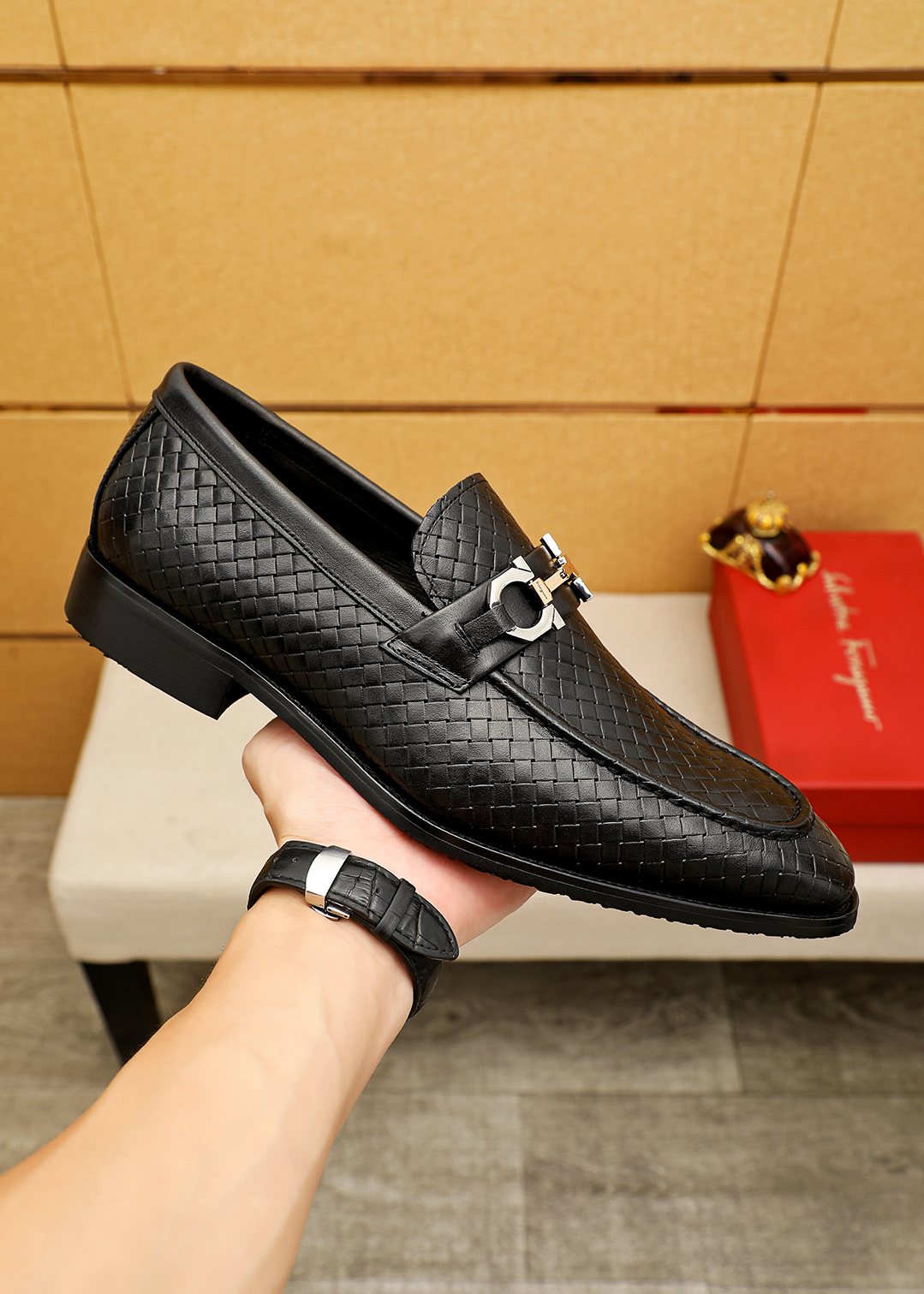 Salvatore Ferragamo Textured Buckle Loafers — model